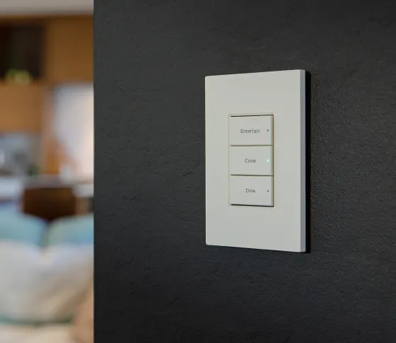 Control4 wireless keypad dimmer with scene buttons on a dark wall