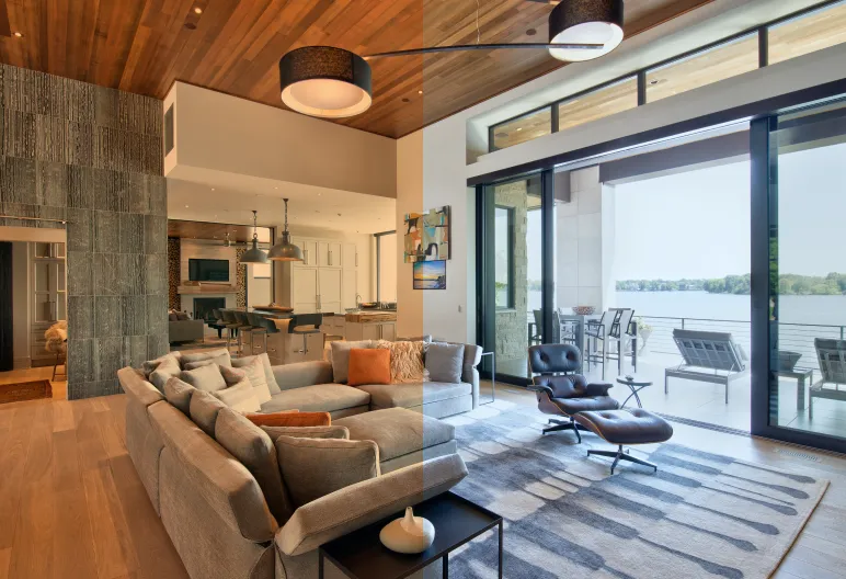 Living room showing a warm and cool lighting comparison from Control4
