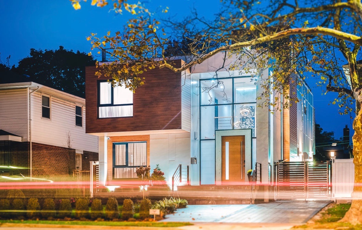 Modern home at dusk