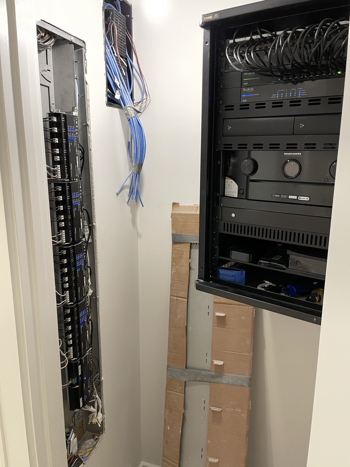 AV rack and lighting installation in progress